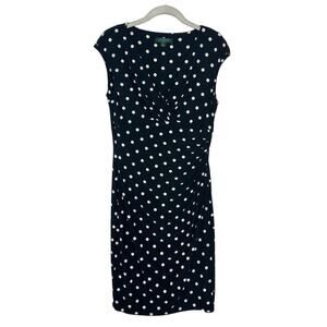 Lauren Ralph Lauren Women Polka Dot Surplice Faux Wrap Ruched Sheath Dress Sz 10